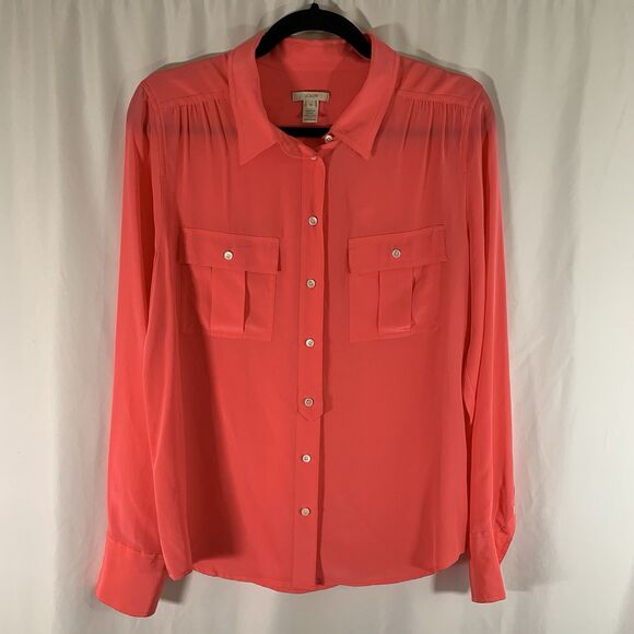 J. Crew 100% Silk Blouse Women's 10 Hot Pink Long Sleeve Button Up Lightweight - Picture 1 of 11